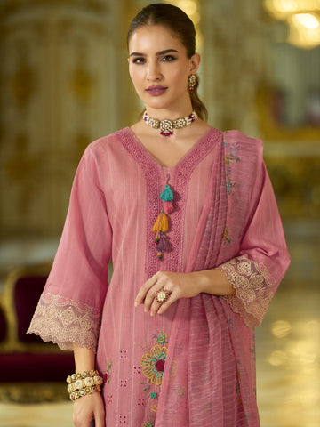 Varanga Women-Floral Motif Thread Embroidered Schiffli & Orangza Lace Detailed Kurta With Trouser & Dupatta